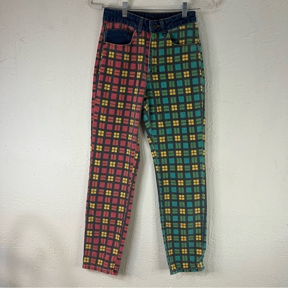 The Ragged Priest Hot Rod Mix Check Mom Jeans in Red & Green - Picture 6 of 15